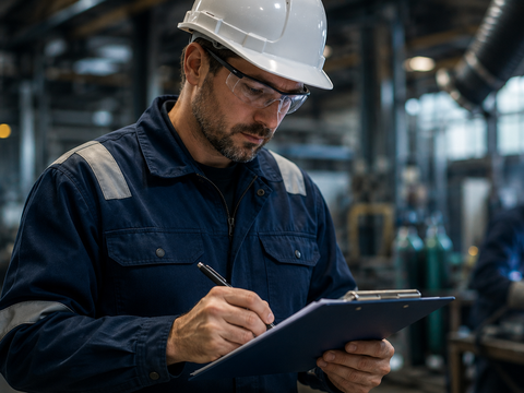 Werknemer in een industriële werkomgeving voert een veiligheidscontrole uit terwijl op de achtergrond laswerkzaamheden plaatsvinden.